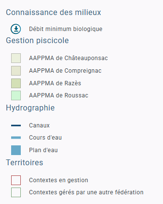 Légende : débit minimum biologique ; gestion piscicole par les AAPPMA de Châteauponsac, Compreignac, Razès et Roussac ; hydrographie : canaux, cours d’eau, plans d’eau ; territoires : contextes en gestion en rouge, contextes gérés par une autre fédération en vert.
