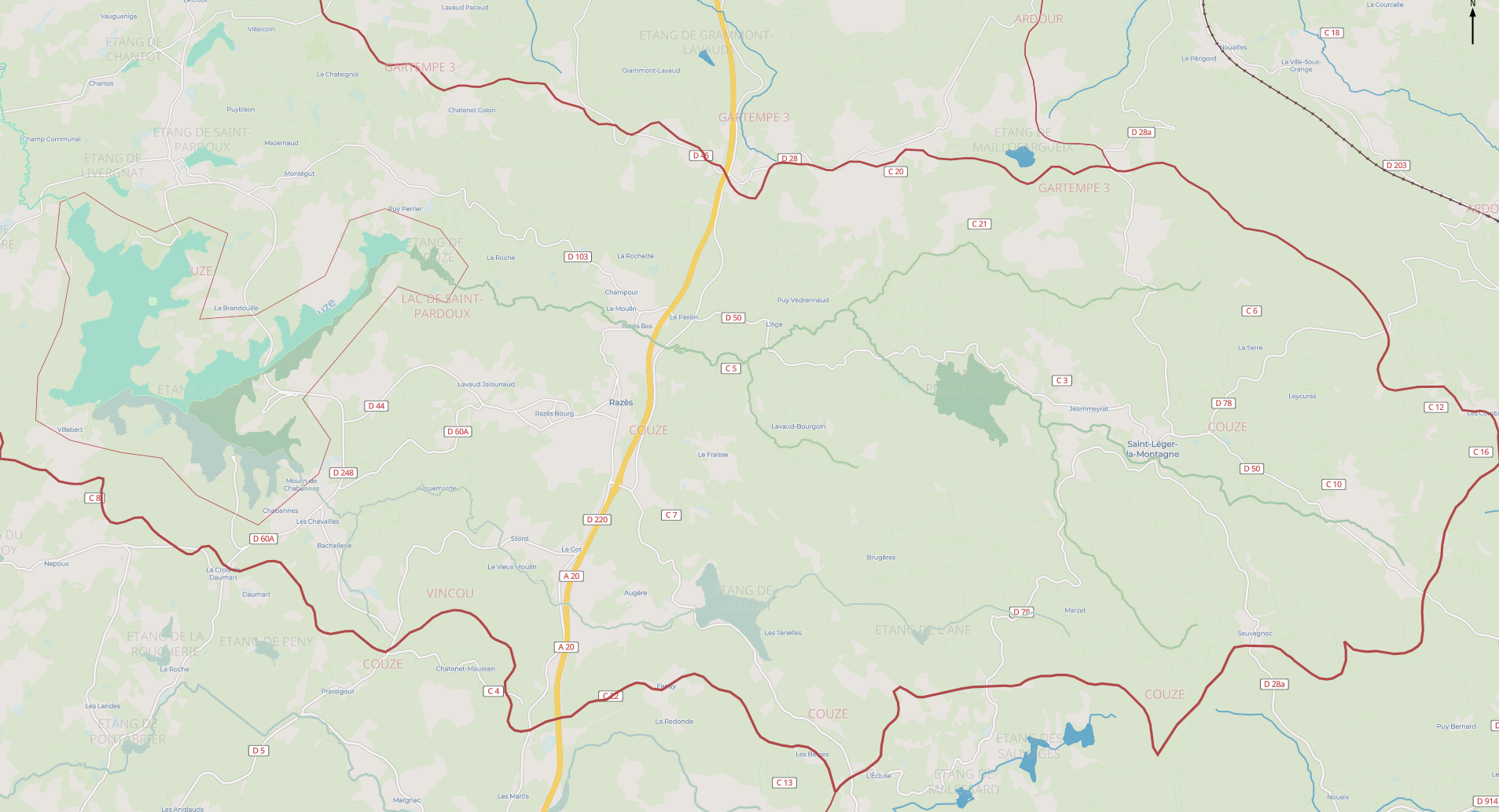 Carte du territoire de l’AAPPMA de Razès autour de la Couze, de Saint-Léger-la-Montagne au lac de Saint-Pardoux, avec les lieux-dits, les cours d’eau, les zones de gestion piscicole colorées et les contours des contextes en gestion.